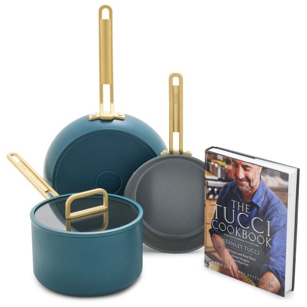 Stanley Tucci™ Ceramic Nonstick 4-Piece Chef Set with The Tucci Cookbook | Venetian Teal on Sale